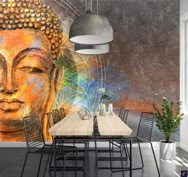 Buddha in Space Wallpaper Mural - Artistic & Spiritual Wall Decor for Home or Meditation Room - Unique Mural Featuring Buddha Statue