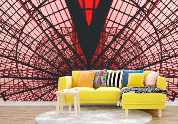 Abstract Industrial Staircase Wallpaper - Modern Red & White Wall Mural - Urban Loft Style - Dining Room, Living Room, Office Decor - Geometric Mural