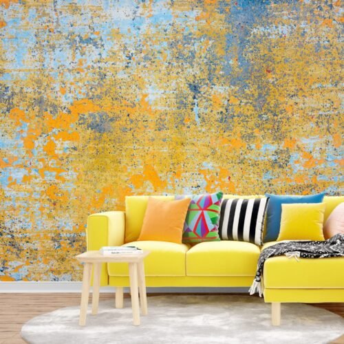 Blue & Gold Grunge Wall Mural - Distressed Urban Wallpaper - Bold Home Office & Entryway - Textured Wallpaper