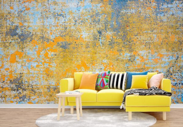 Blue & Gold Grunge Wall Mural - Distressed Urban Wallpaper - Bold Home Office & Entryway - Textured Wallpaper