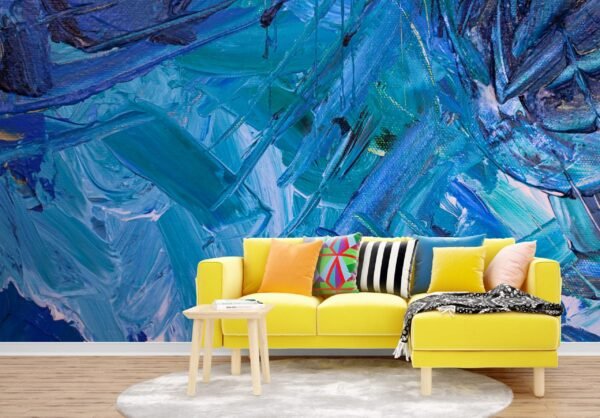 Blue Abstract Art Wallpaper - Green, Orange & Pink Accents - Bold & Vibrant Mural - Modern Wall Mural - Living Room, Bedroom, Dining Room Decor