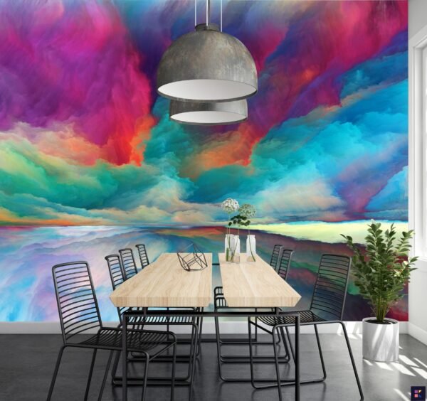 Dreamy Sunset Wallpaper Mural - Colorful Abstract Art - Vibrant Cloudscape - Blue, Green, Orange, Red, Yellow - Home Decor, Living Room, Bedroom