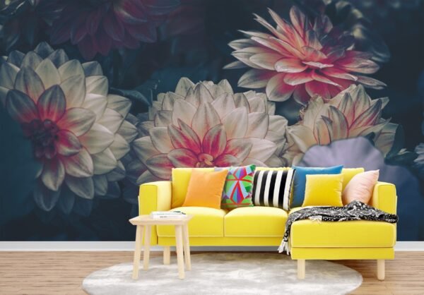 Pink Dahlia Floral Wallpaper - Large Floral Wall Mural - 3D Wall Art - Living, Bedroom, Dining Decor - Beautiful Flowers with Green & Purple Accents