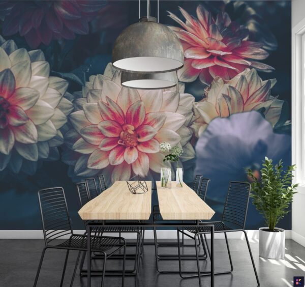 Pink Dahlia Floral Wallpaper - Large Floral Wall Mural - 3D Wall Art - Living, Bedroom, Dining Decor - Beautiful Flowers with Green & Purple Accents