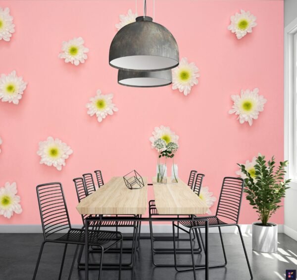 Pink Floral Wallpaper - Elegant & Inviting Mural - Blue, Green, Yellow Flowers - Soothing Wall Mural - Bedroom, Living Room, Dining Room Decor