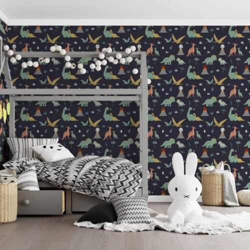 Bear Mountain Night Wallpaper - Whimsical Kids Room Wall Mural - Blue, Gray & Orange Mural - Nursery Decor - Perfect for Boys & Girls