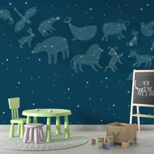 Animal Silhouettes on Blue Wallpaper - Playful Kids Room Wall Mural - Orange, Gray & Yellow Accents - Nursery Decor - Perfect for Boys & Girls