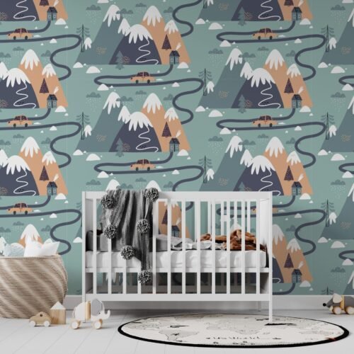 Woodland Animals Wallpaper - Blue & Green Forest Wall Mural - Kids . Boys & Girls Room, Nursery Decor - Cartoon Animals Mural with Gray & White