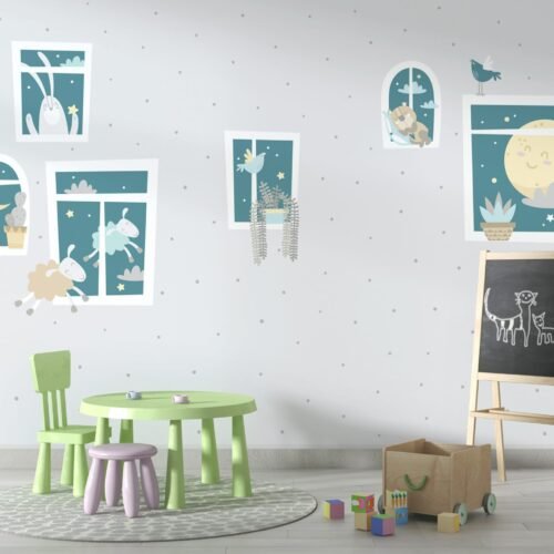 Bear Mountain Night Wallpaper - Whimsical Kids Room Wall Mural - Blue, Gray & Orange Mural - Nursery Decor - Perfect for Boys & Girls