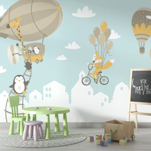 Whimsical Animal Adventure Wallpaper - Blue, Brown, Green & White - Kids Room Decor - Playroom & Nursery - Fun & Colorful Wall Mural