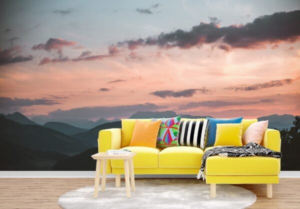 Mountain Sunset Wallpaper - Blue, Green, Orange, Pink, Purple & Yellow - Nature Landscape Mural - Home Decor, Living Room, Bedroom