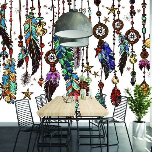 Black & White Dreamcatcher Feathers Wallpaper - Boho Mural - Green & Yellow Stars - Whimsical Wall Mural - Bedroom, Living Room, Nursery Decor