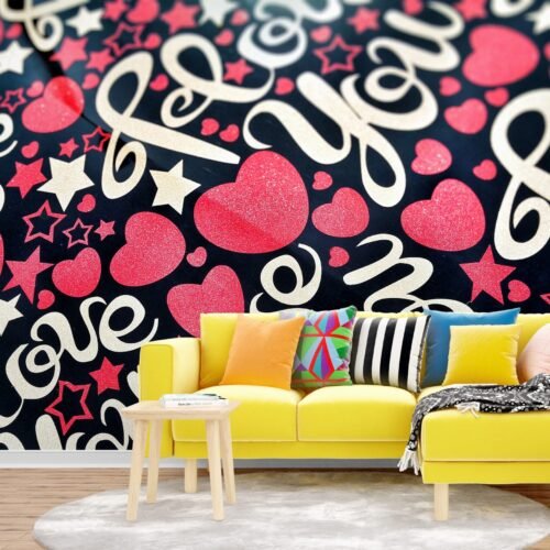 Blue, White & Yellow Love You Hearts and Stars Wallpaper - Fun & Colorful Mural - Whimsical Wall Mural - Kids Room, Nursery Decor