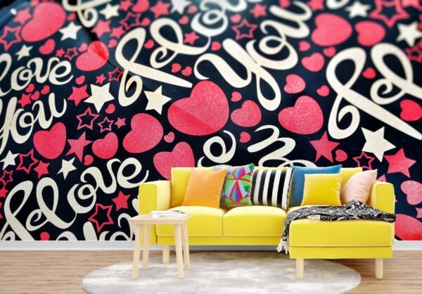 Blue, White & Yellow Love You Hearts and Stars Wallpaper - Fun & Colorful Mural - Whimsical Wall Mural - Kids Room, Nursery Decor