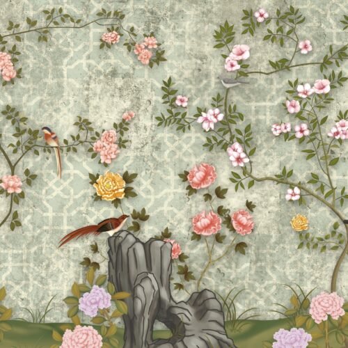 Pink Floral Wallpaper - Elegant & Inviting Mural - Blue, Green, Yellow Flowers - Soothing Wall Mural - Bedroom, Living Room, Dining Room Decor