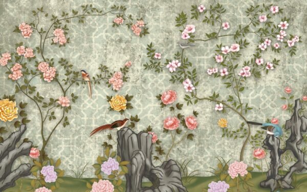 Delicate Floral Garden Wallpaper Green & Pink Tones - Bedroom, Dining, Home Office, Entryway - Summer Decor