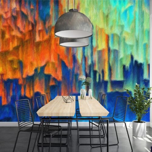 City Lights Wallpaper Mural - Abstract Mural - Colorful & Vibrant - Blue & Orange Tones - Contemporary & Modern Art - Entryway - Summer Decor