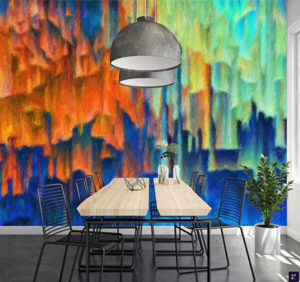 City Lights Wallpaper Mural - Abstract Mural - Colorful & Vibrant - Blue & Orange Tones - Contemporary & Modern Art - Entryway - Summer Decor