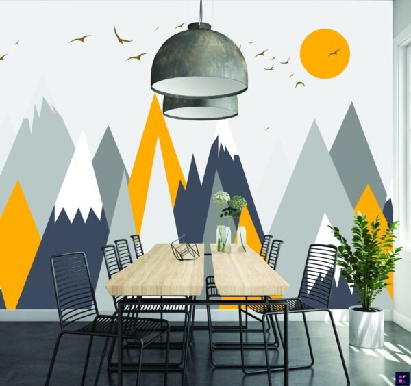 Mountain Range Wall Mural Wallpaper - Gold, Teal & White - Geometric Mural - Nature Decor - Living Room, Bedroom, Entryway