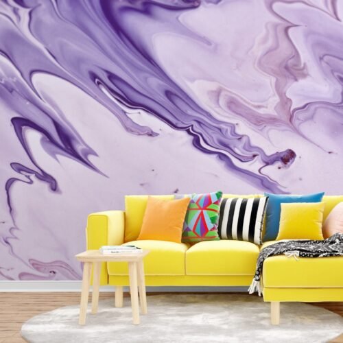 Purple Dream Wallpaper - Dark Blue, Light Gray, White & Yellow - Abstract Marble Mural - Modern Wall Mural - Living Room, Bedroom Decor