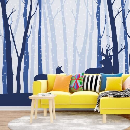 Enchanted Forest Wallpaper - Blue & Gold Kids Room Wall Mural - Whimsical Nature Theme - Trees & Animals - Young Boys Bedroom Decor