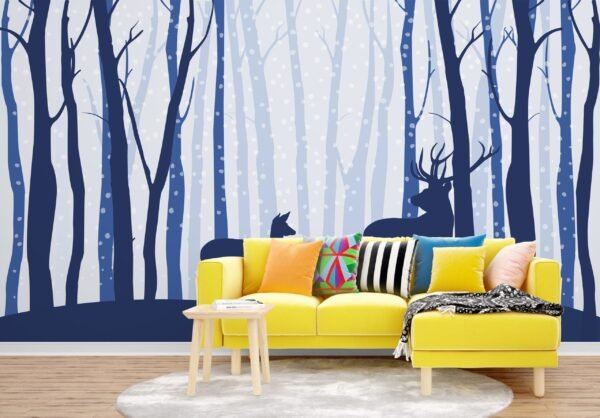 Misty Forest Wallpaper - Blue & Gray Tones - Contemporary & Minimalist Mural - Nature - Bedroom, Living Room & Home Office - Summer Decor