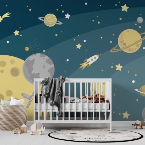 Space Adventure Wallpaper - Blue, Orange, Purple, Red & Yellow - Planets & Rockets Mural - Kids Room, Nursery Decor - Playroom