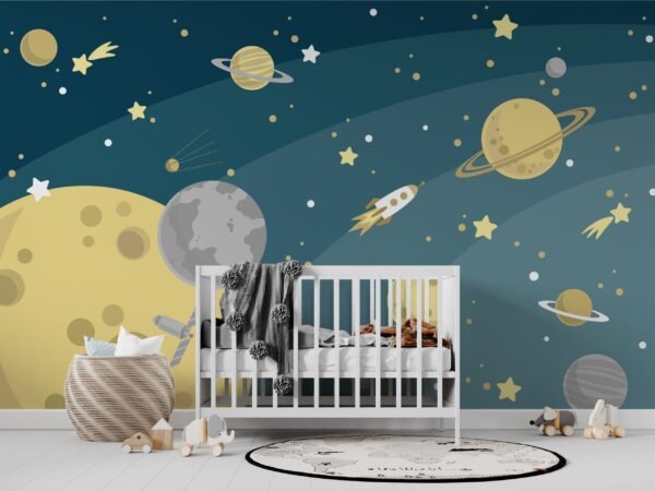 Space Adventure Wallpaper - Blue, Orange, Purple, Red & Yellow - Planets & Rockets Mural - Kids Room, Nursery Decor - Playroom