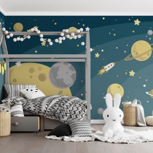 Hand-Drawn Space Exploration Wallpaper - Minimalist & Scandinavian Mural - Kids Room - Playroom Decor - Bedroom Decor Trends - Summer Decor