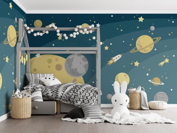 Space Adventure Wallpaper - Blue, Orange, Purple, Red & Yellow - Planets & Rockets Mural - Kids Room, Nursery Decor - Playroom