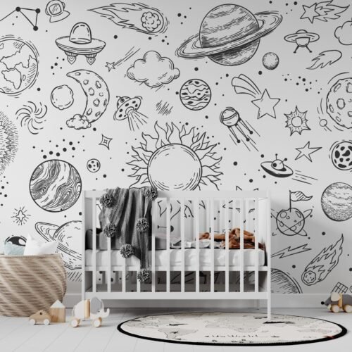 Hand-Drawn Space Exploration Wallpaper - Minimalist & Scandinavian Mural - Kids Room - Playroom Decor - Bedroom Decor Trends - Summer Decor