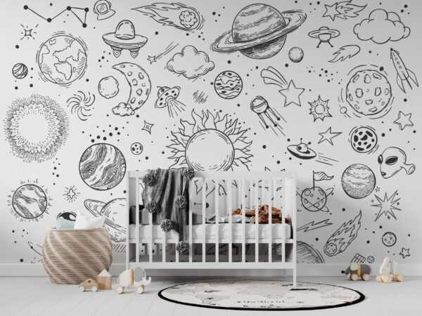 Hand-Drawn Space Exploration Wallpaper - Minimalist & Scandinavian Mural - Kids Room - Playroom Decor - Bedroom Decor Trends - Summer Decor