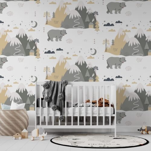 Woodland Nursery Wallpaper - Gender Neutral Mural - Mountain & Tree Motifs - Kids Room - Playroom Decor - Bedroom Decor Trends - Summer Decor