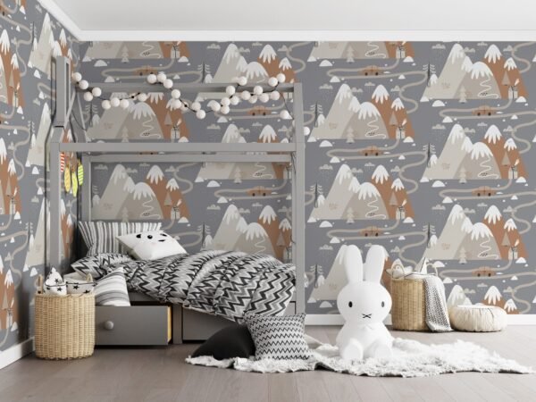 Mountain Adventure Wallpaper - Whimsical & Soft Mural - Hand-Drawn Art - Neutral Colors - Kids Room - Playroom Decor - Summer Decor