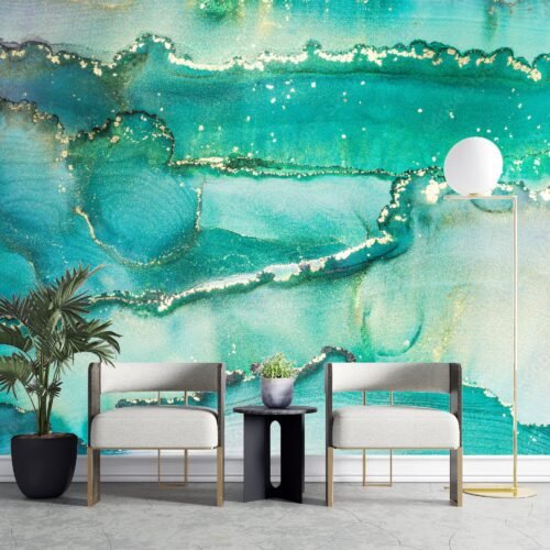 Teal and Gold Marble Wallpaper - White Accents - Luxury Mural - Wall Mural - Home Decor, Living Room, Dining Room, Bedroom