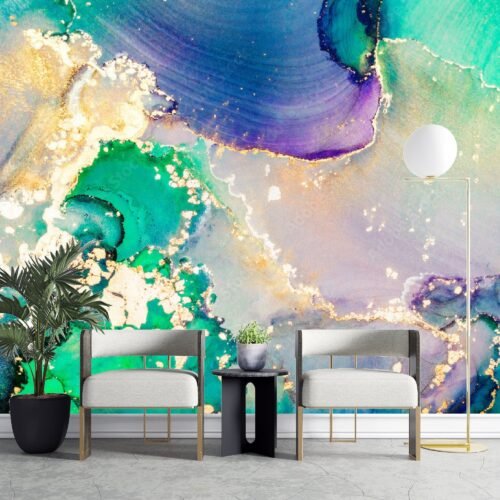 Colorful Abstract Ink Wallpaper - Black, Blue, Green, Orange, Red & Yellow - Dynamic & Fluid Mural - Vibrant Wall Mural - Bedroom, Entryway