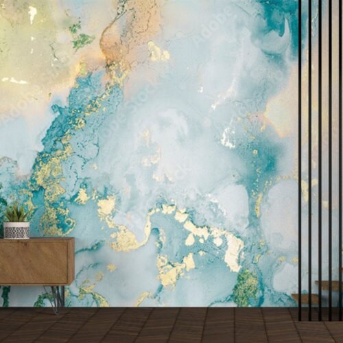 Blue & Gold Marble Wallpaper - Green & Gray Accents - Contemporary & Luxury Mural - Wall Mural - Living Room, Bedroom, Dining Room Decor