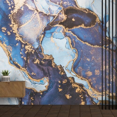 Blue & Gold Marble Wallpaper - Glamourous- Luxury Home Decor - Modern Art - Bedroom, Dining, Home Office, Entryway - Summer Decor