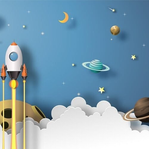 Rocket Ship Wallpaper - Space Adventure Mural - Fun & Whimsical - Kids Room - Playroom Decor - Bedroom Decor Trends - Summer Decor