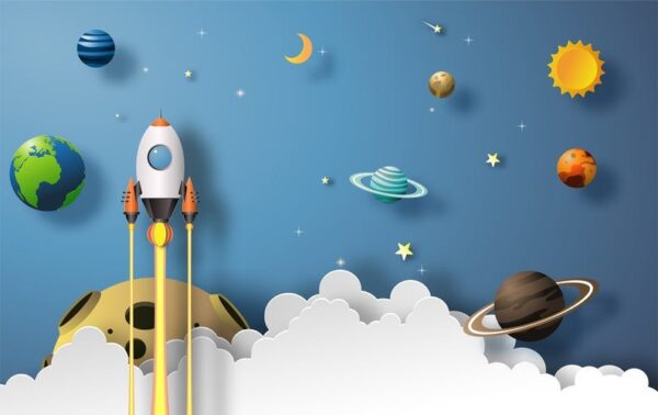 Rocket Ship Wallpaper - Space Adventure Mural - Fun & Whimsical - Kids Room - Playroom Decor - Bedroom Decor Trends - Summer Decor