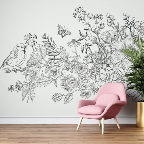 Gold & White Hand-Drawn Floral Wallpaper - Botanical Mural - Modern & Minimalist Wall Mural - Bedroom, Living Room, Office Decor