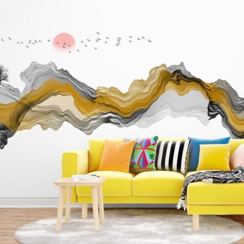 Golden Mountain Escape Wallpaper - Modern Landscape Wall Mural - Yellow & Gray Bedroom Decor - Peel & Stick Wallpaper