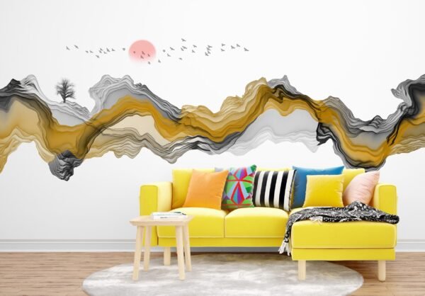 Golden Mountain Escape Wallpaper - Modern Landscape Wall Mural - Yellow & Gray Bedroom Decor - Peel & Stick Wallpaper