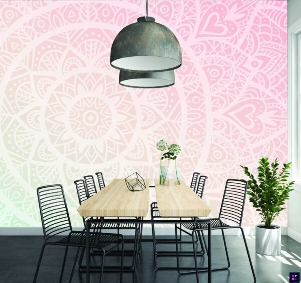 Pink & Black Mandala Gradient Wallpaper - Modern Bohemian Wall Mural - Bedroom, Living Room Decor - Relaxing & Stylish Mandala Mural