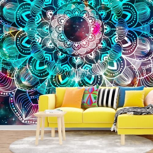 Boho Dreamcatcher Wallpaper - Pink, Green & White Mandala Mural - Self-Adhesive Wall Mural - Bohemian Bedroom, Living Room Decor