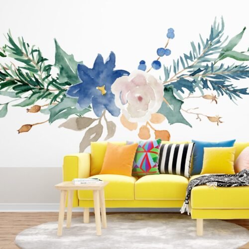 Blue & Pink Watercolor Floral Wallpaper - Large Flower Wall Mural - Home Decor, Bedroom, Living Room Interior Mural