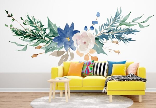 Blue & Pink Watercolor Floral Wallpaper - Large Flower Wall Mural - Home Decor, Bedroom, Living Room Interior Mural