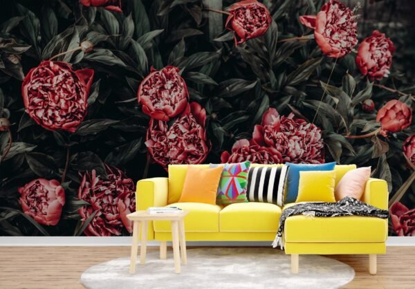 Peonies in Bloom Wallpaper - Pink & Purple Floral Wall Mural - Living , Bedroom Decor - Beautiful Peony Flowers with Green & Yellow Accents