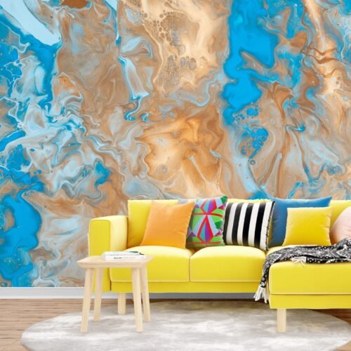 Blue & Gold Marble Wallpaper - Green & Gray Accents - Contemporary & Luxury Mural - Wall Mural - Living Room, Bedroom, Dining Room Decor