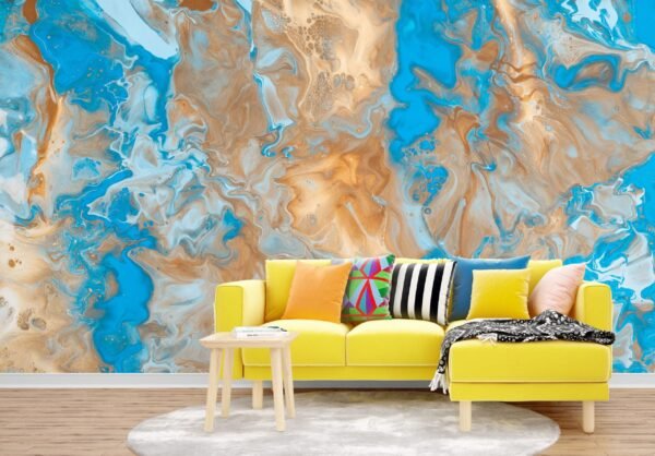 Blue & Gold Marble Wallpaper - Green & Gray Accents - Contemporary & Luxury Mural - Wall Mural - Living Room, Bedroom, Dining Room Decor